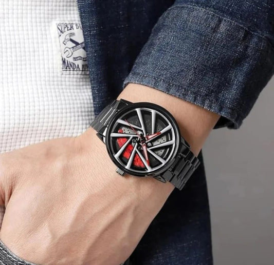 ABREXO Rotating Dial Analog Watch for Men | Stylish Car Wheel |Quartz Movement Analog Watch - For Men Abx9968-WH BK Car Wheel Watch