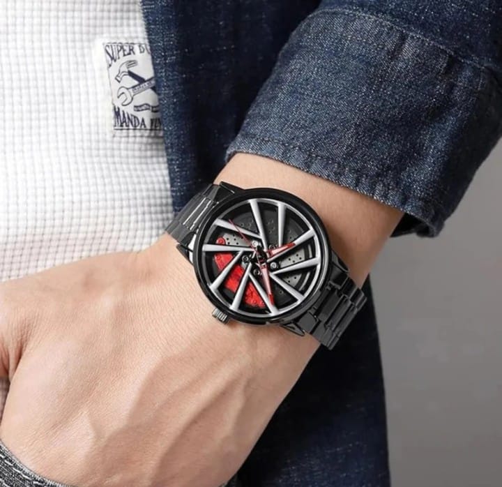 ABREXO Rotating Dial Analog Watch for Men | Stylish Car Wheel |Quartz Movement Analog Watch - For Men Abx9968-WH BK Car Wheel Watch