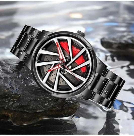 ABREXO Rotating Dial Analog Watch for Men | Stylish Car Wheel |Quartz Movement Analog Watch - For Men Abx9968-WH BK Car Wheel Watch